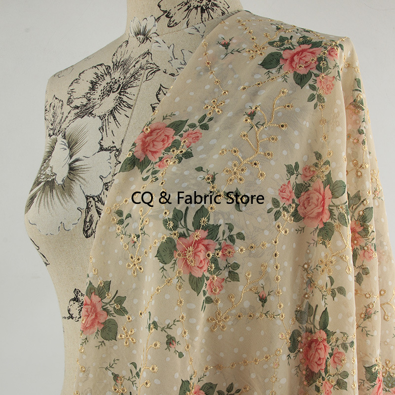 Embroidery Roses - New rose pattern embroidery printed chiffon