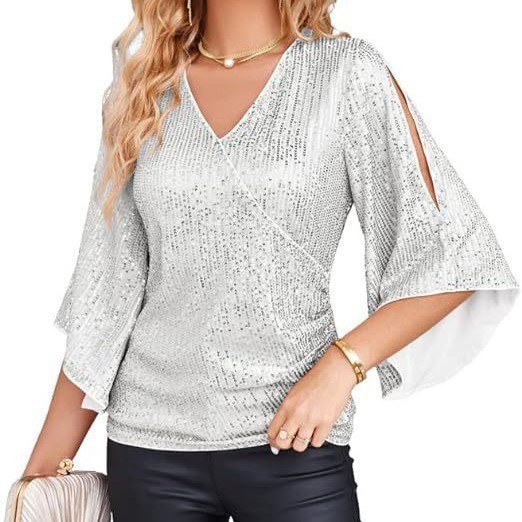 Embroidery Effect - Women's Elegant Long Sleeve Blouse with