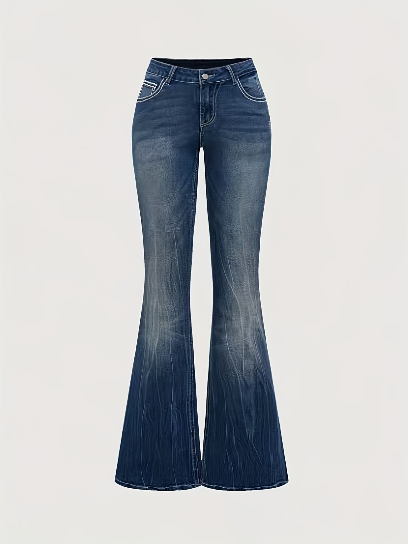 Embroidery Effect - Best-Selling Mid-Rise Embroidered Rhinestone Blue Flared