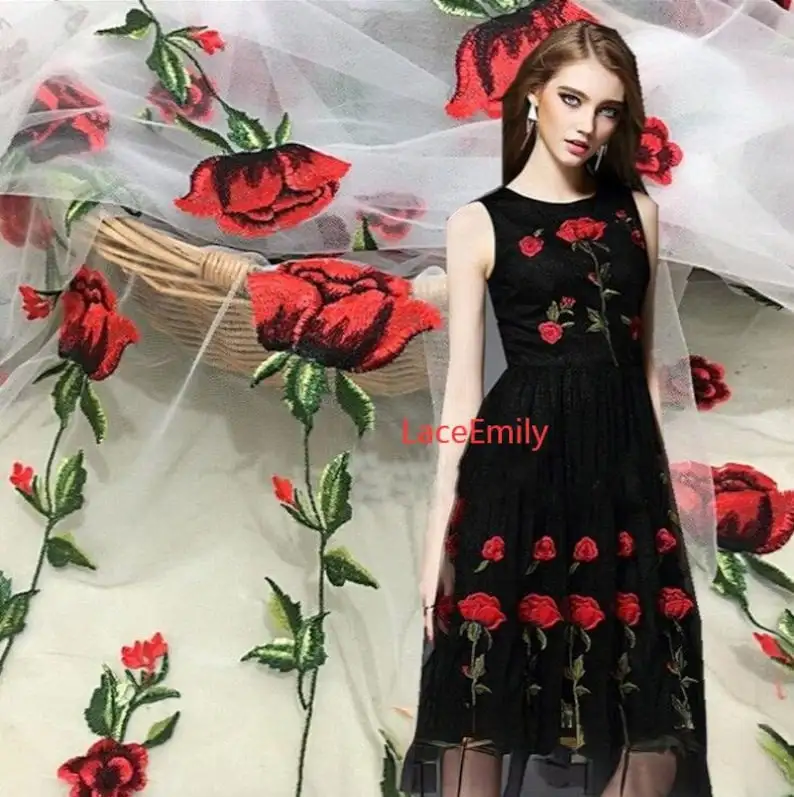 Embroidery Roses - Red Rose Lace Fabric flower embroidery