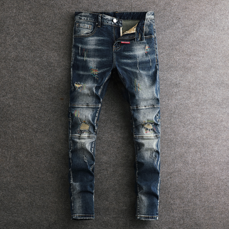 Embroidery Effect - Street Designer Fashion Men Jeans Retro