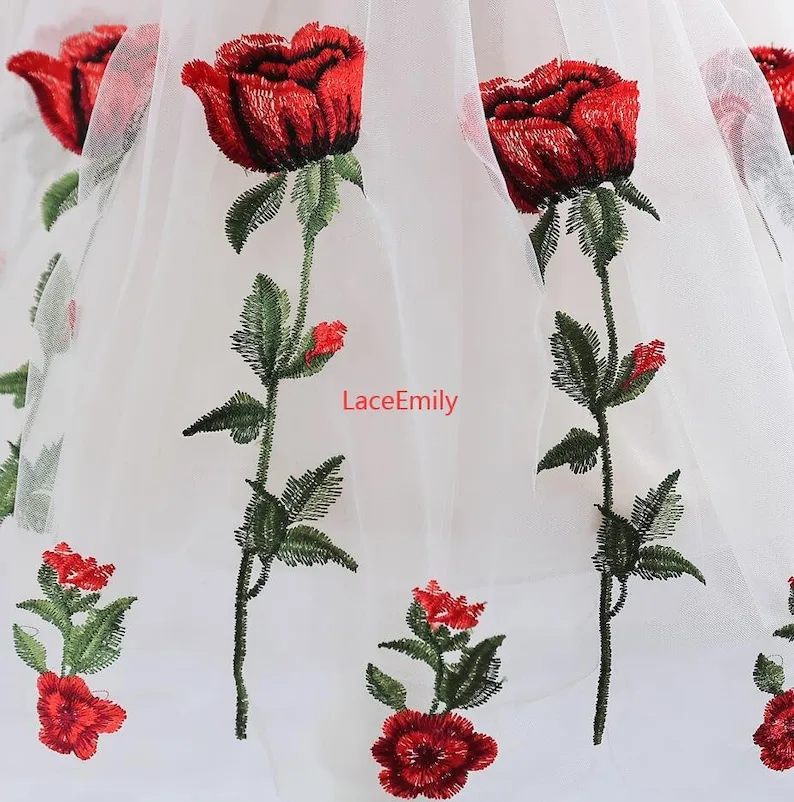 Red Rose Lace Fabric flower em - Embroidery Roses ulasan dan harga