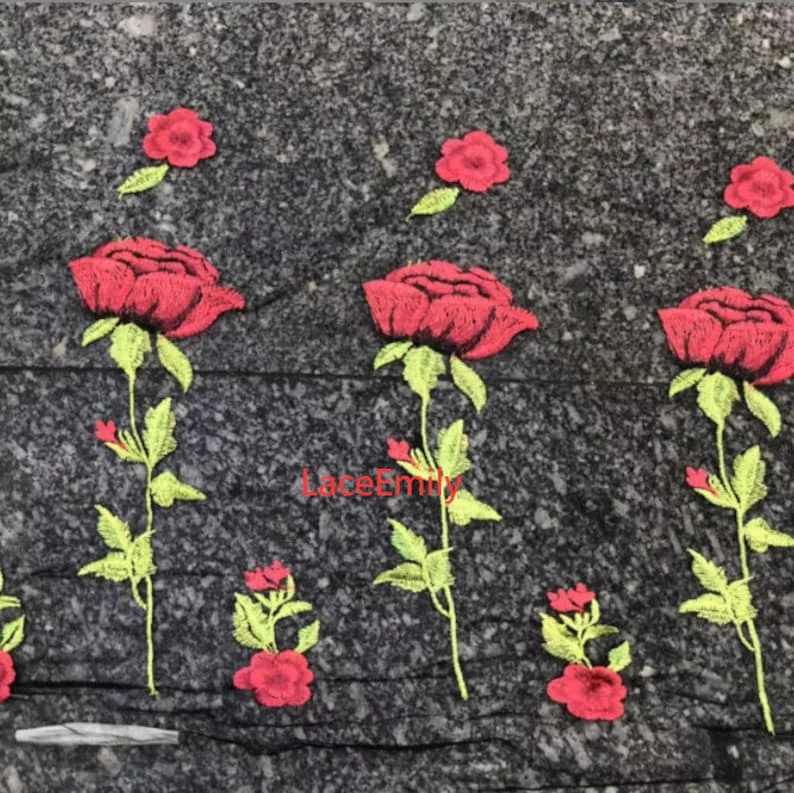 Red Rose Lace Fabric flower em - Embroidery Roses ulasan dan harga