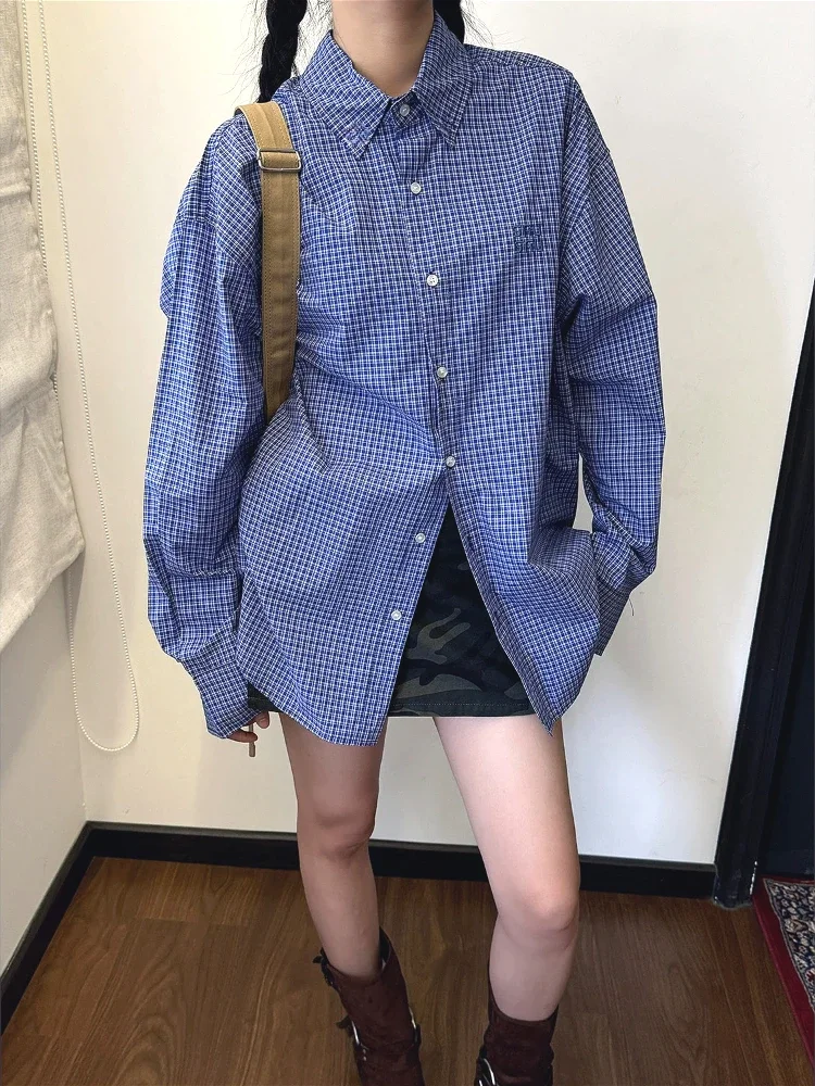 Vintage Blue Plaid Shirts for  - Embroidery Font ulasan dan harga