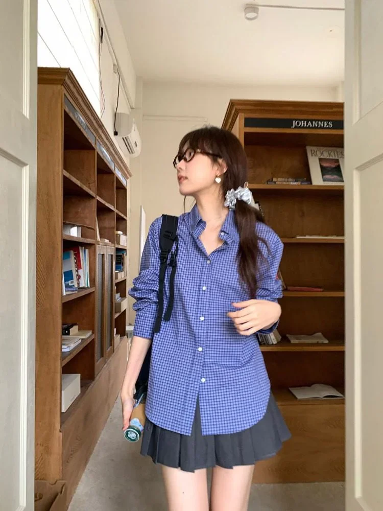 Vintage Blue Plaid Shirts for  - Embroidery Font ulasan dan harga