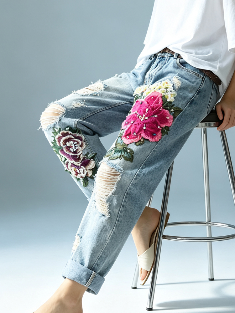 Women's Vintage Distressed Jea - Embroidery Effect ulasan dan harga