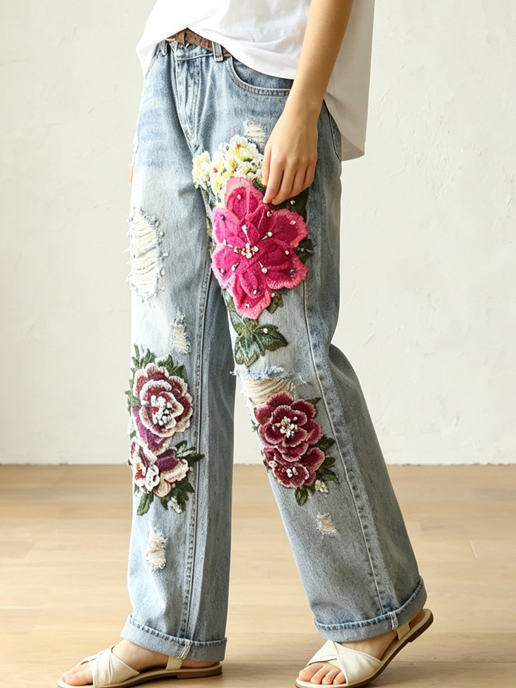 Women's Vintage Distressed Jea - Embroidery Effect ulasan dan harga