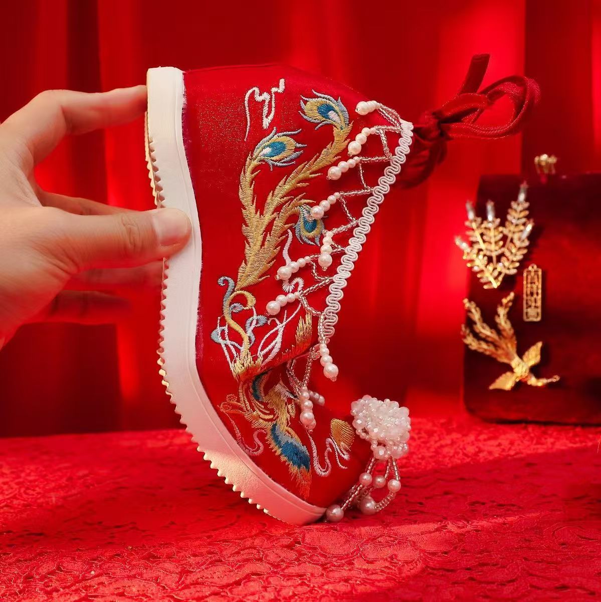 Women New Red Embroidered Wedd - Embroidery Beads ulasan dan harga