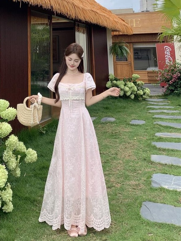 Sweet Lace Splicing A-Line Lon - Embroidery Effect ulasan dan harga