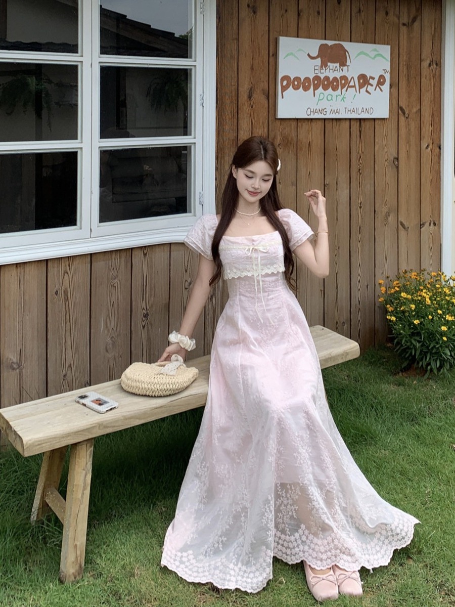 Sweet Lace Splicing A-Line Lon - Embroidery Effect ulasan dan harga
